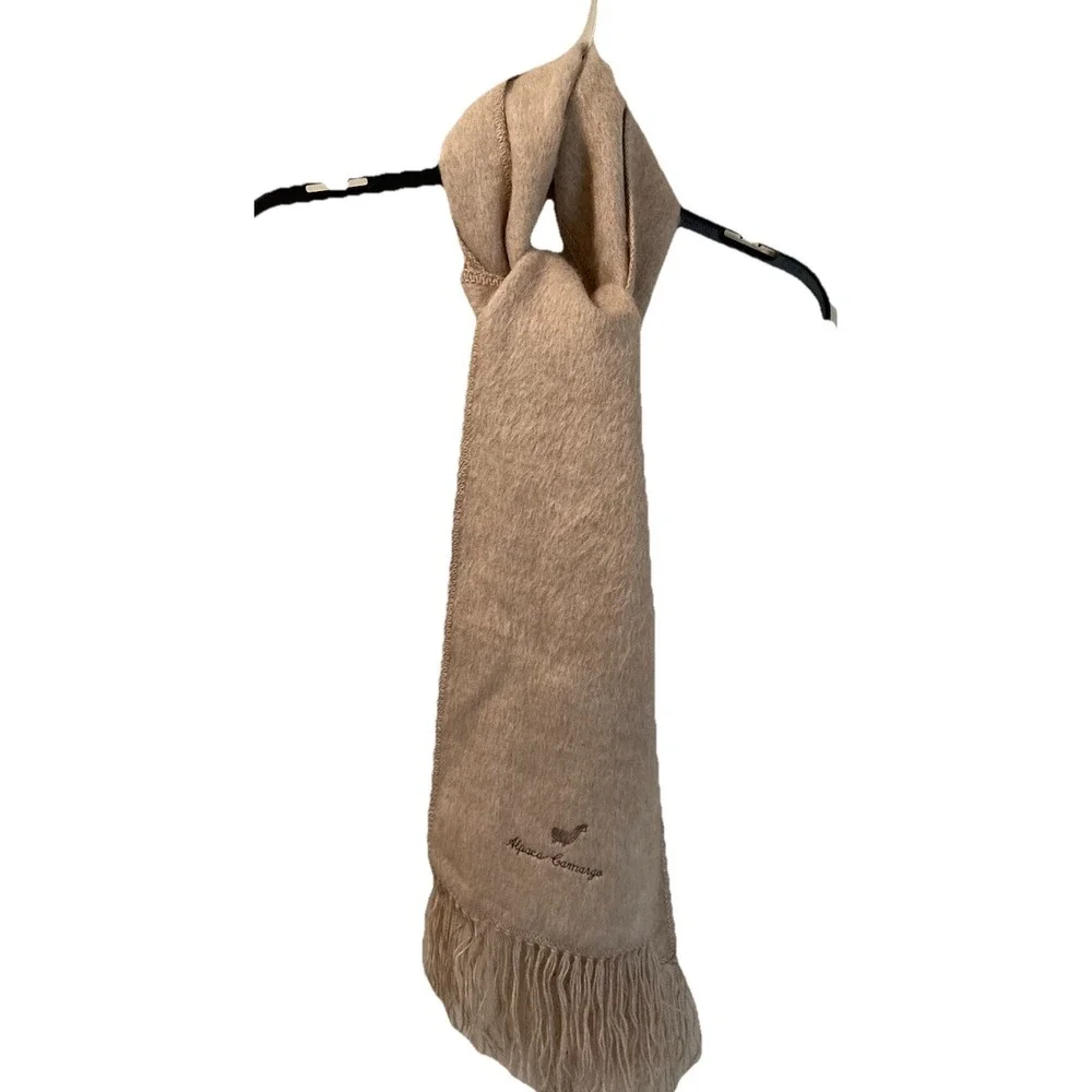 Alpaca Camargo Scarf Peru Embroidered‎ Logo Tan Beige Ultra Soft Fringe